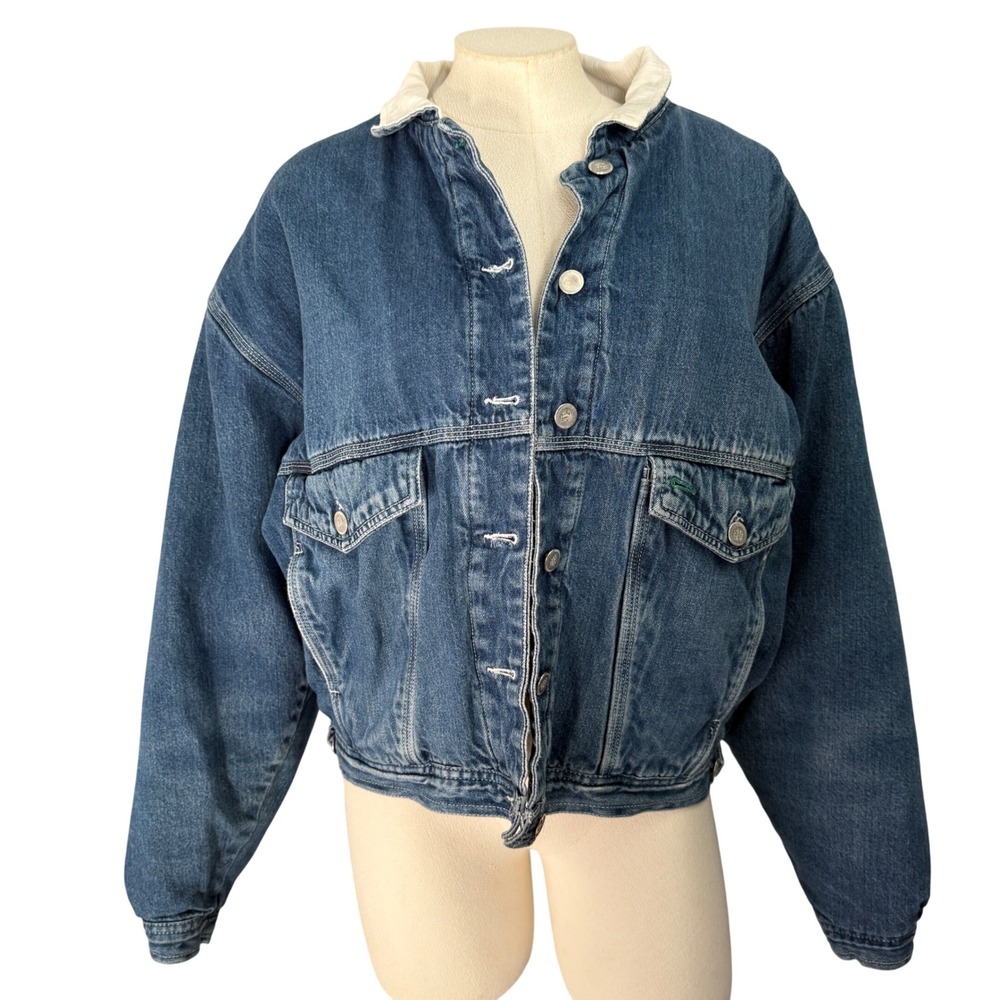 Vintage Denim Jacket Womens L 90s Quilted Lined Collared Barn chore coat *flaw